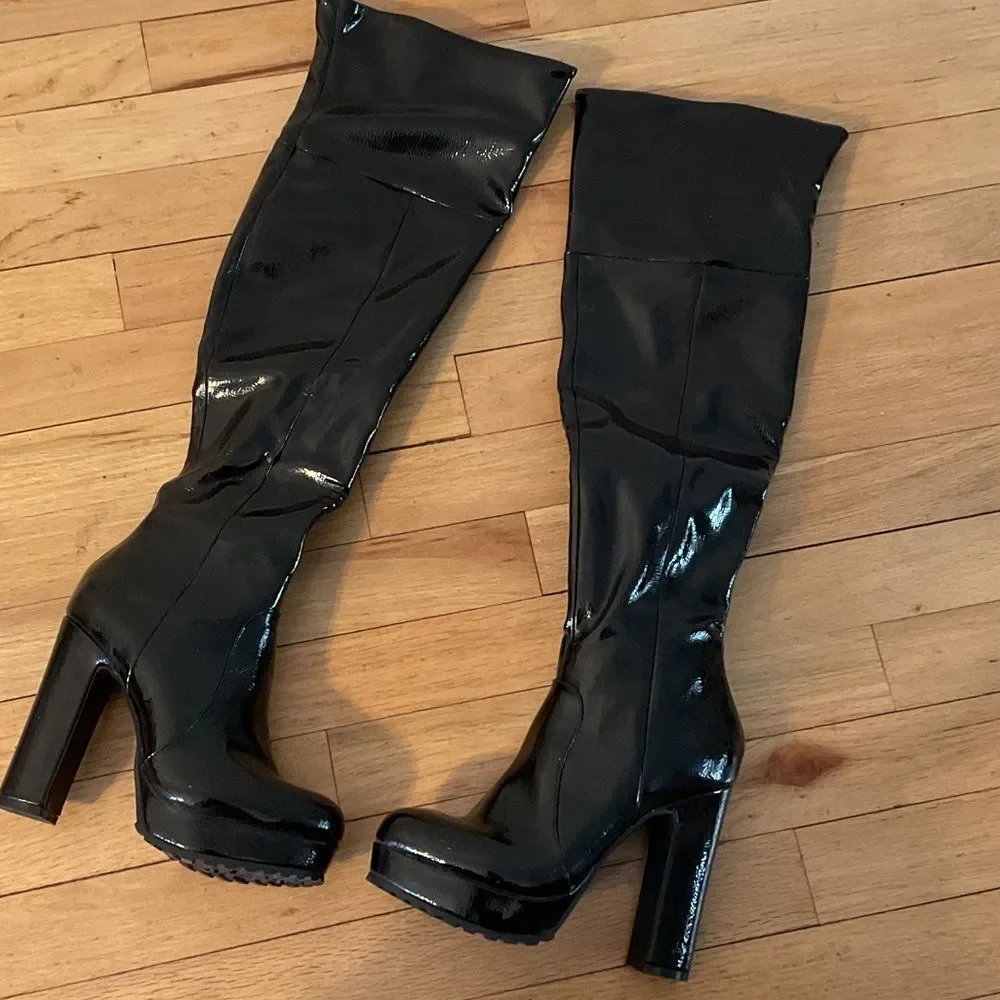 Thalia Sodi Shiny Black Over the Knee Boots